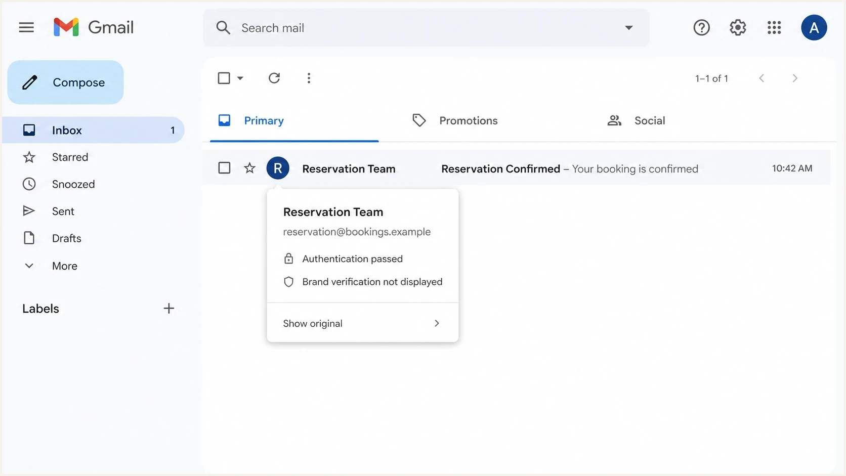 Gmail inbox row showing no blue verified checkmark beside the sender.