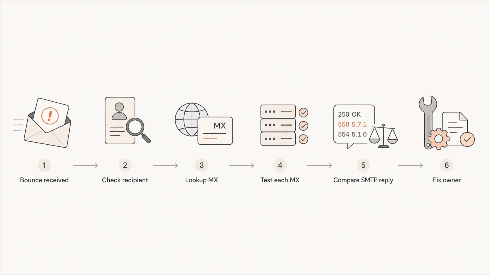SMTP relay access denied diagnosis flowchart with MX and recipient checks.