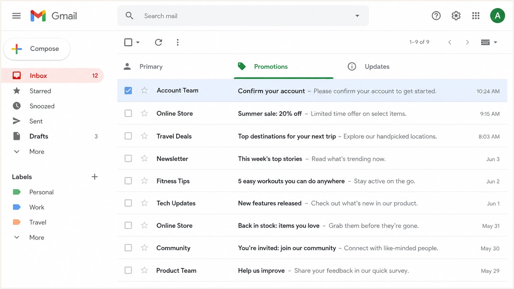 Gmail inbox tabs showing a verification email placed in Promotions.