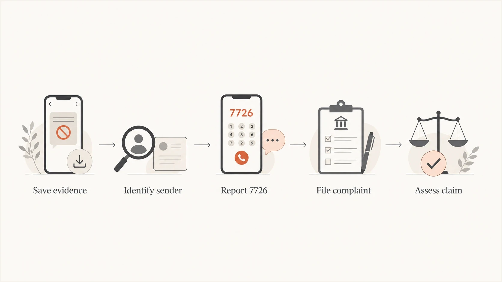 Flowchart showing evidence capture, sender identification, carrier reporting, complaints, and claim assessment.