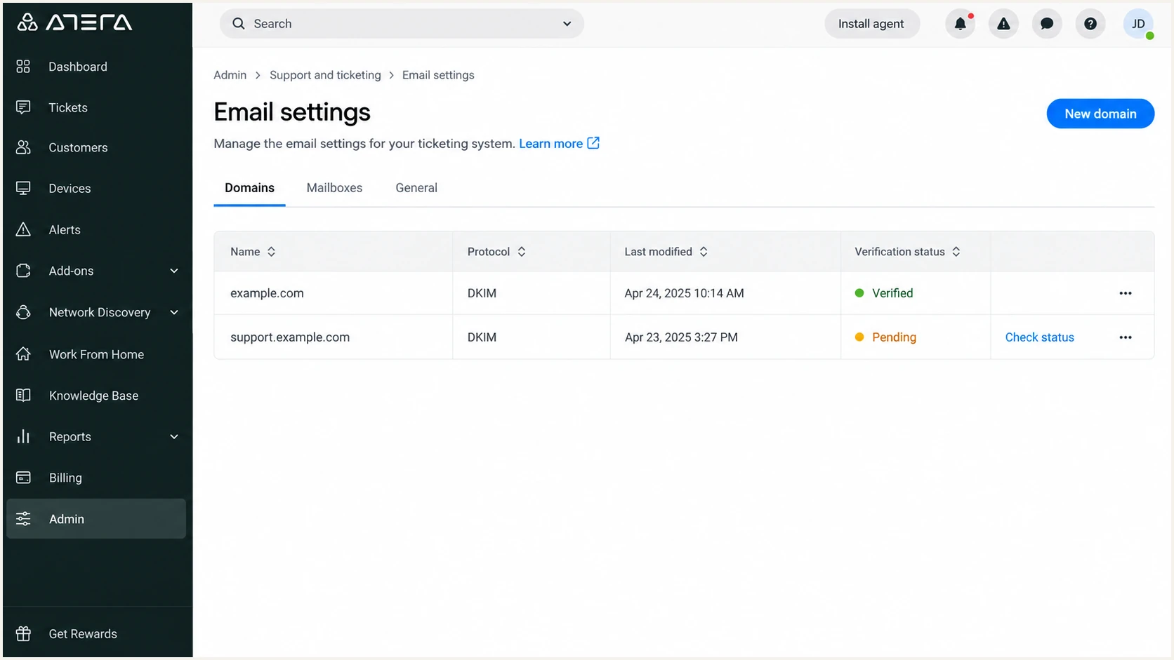 Atera Domains tab showing verified and pending domains