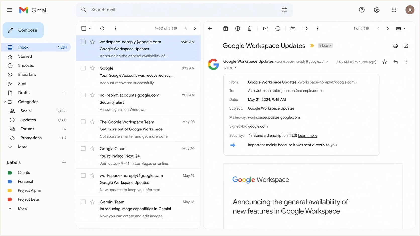 Gmail inbox showing an email address while the raw From header contains a display name