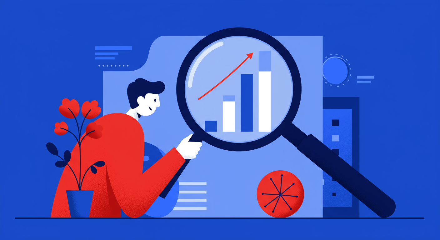 A minimalist illustration of a person looking through a magnifying glass at a bar chart, representing data analysis. The style of the images should be A minimalist retro illustration in the style of Malika Favre. Dominant colors are bright poppy red and deep royal blue. Vector art, high contrast. Do not put any words in the image or alphanumeric characters.