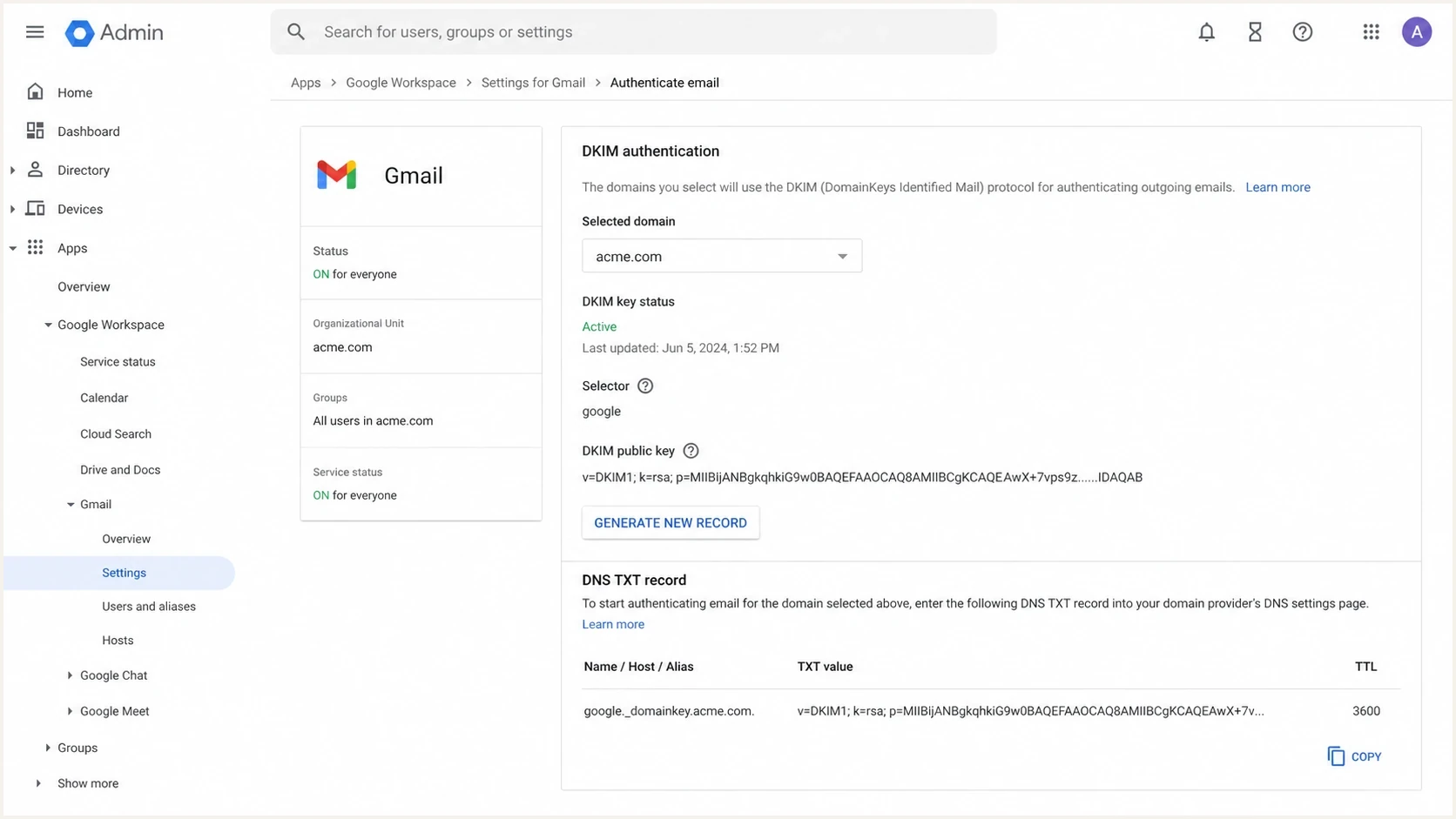 Google Admin console DKIM settings showing a selector and DNS record instructions.