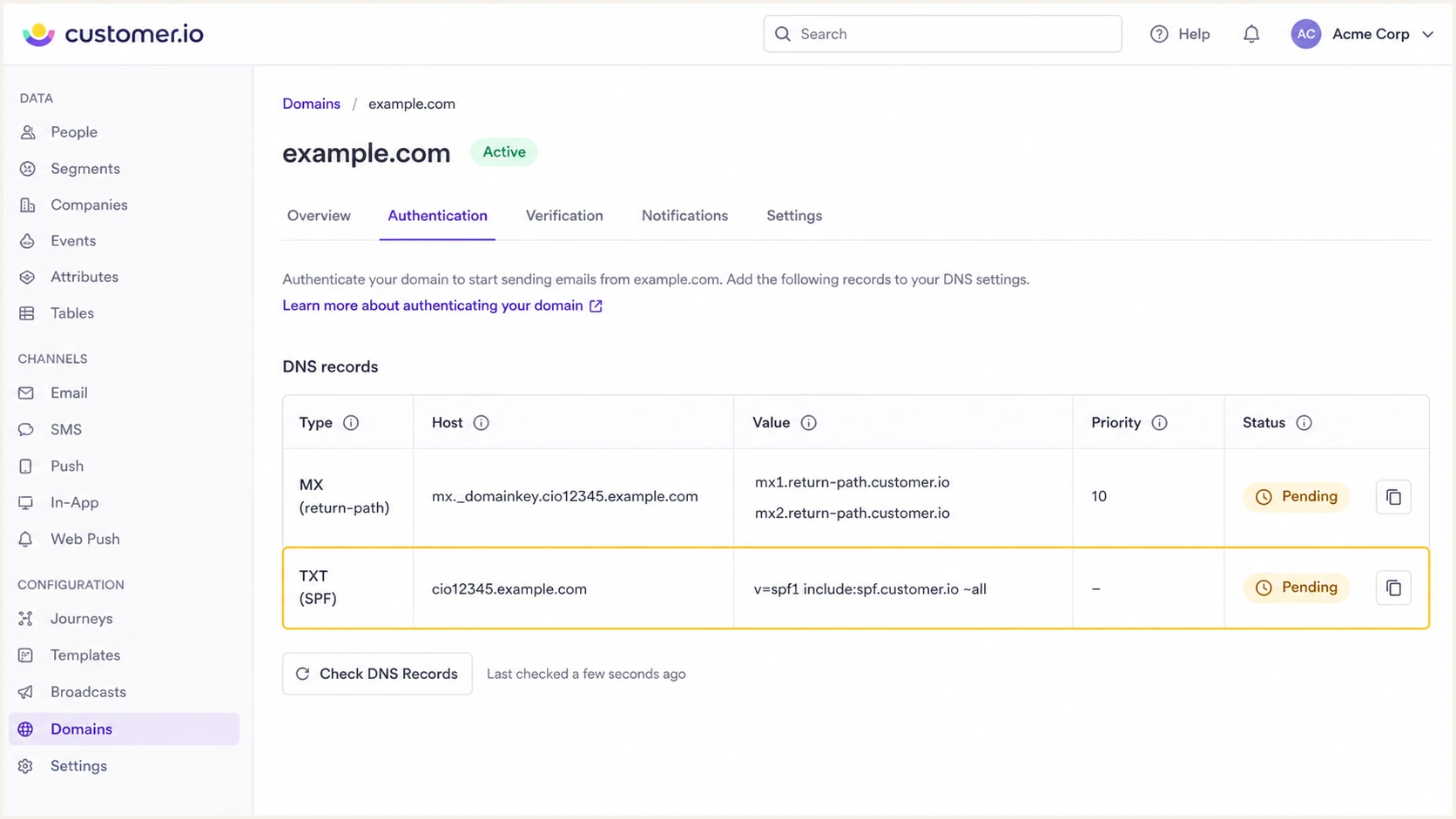 Customer.io authentication screen showing SPF and return-path records.