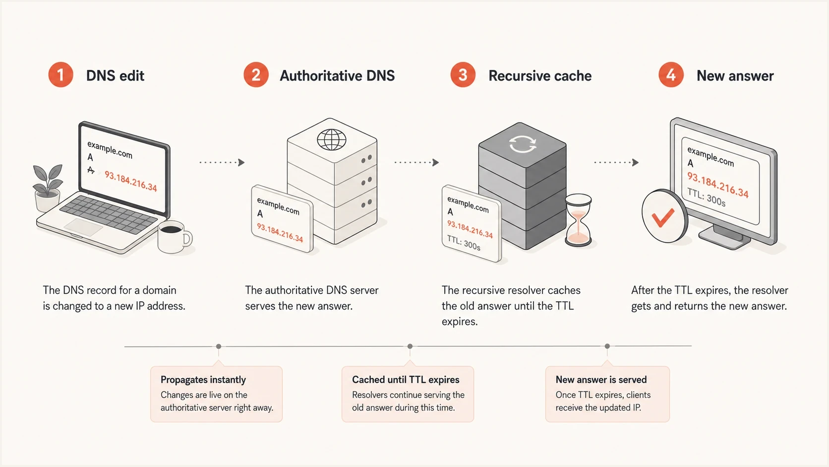 Infographic showing a DNS edit moving through authoritative DNS and recursive cache.