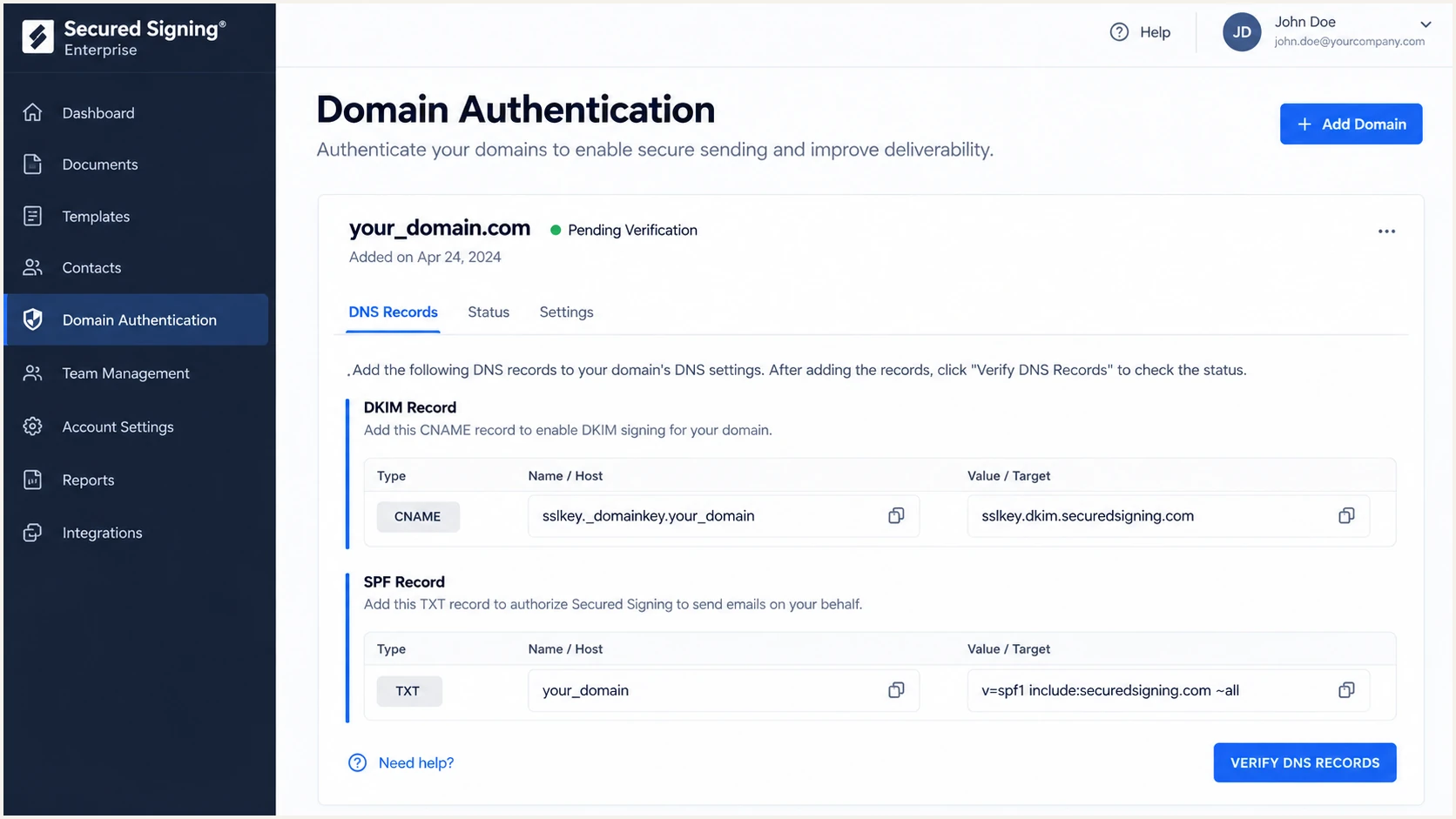 Secured Signing domain authentication instructions showing the DKIM CNAME.