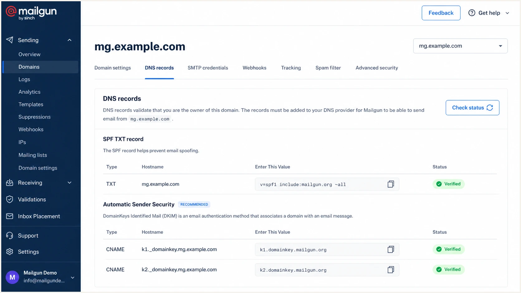 Mailgun DNS records page with verified SPF and DKIM