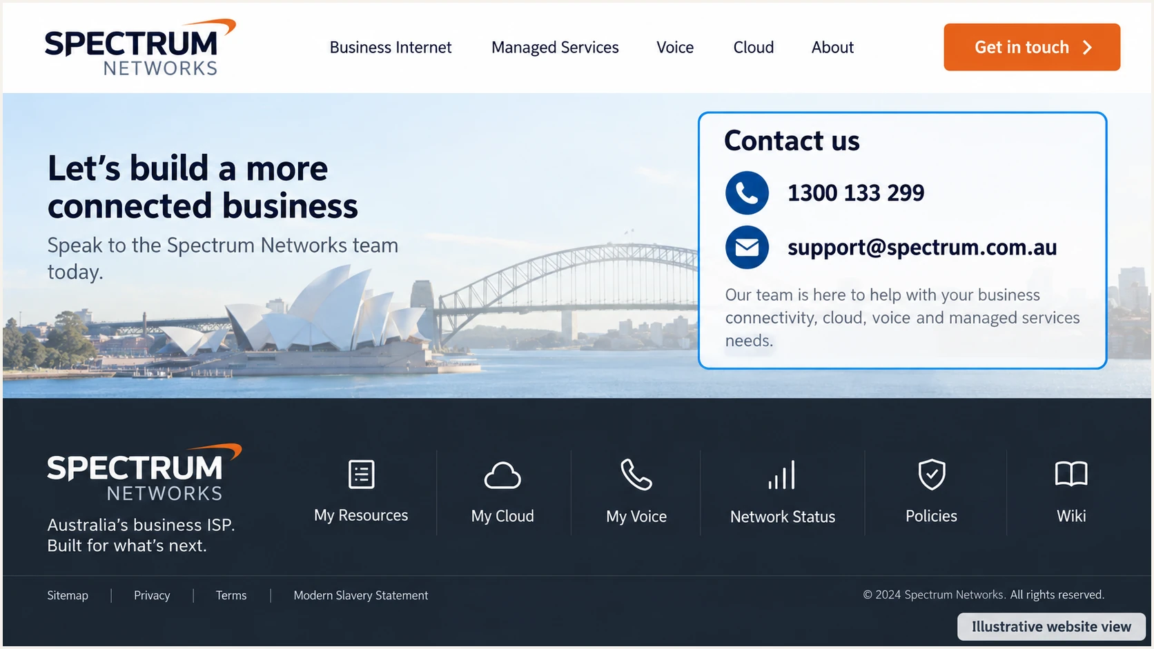 Illustrative Spectrum Networks website view highlighting its public support contacts.