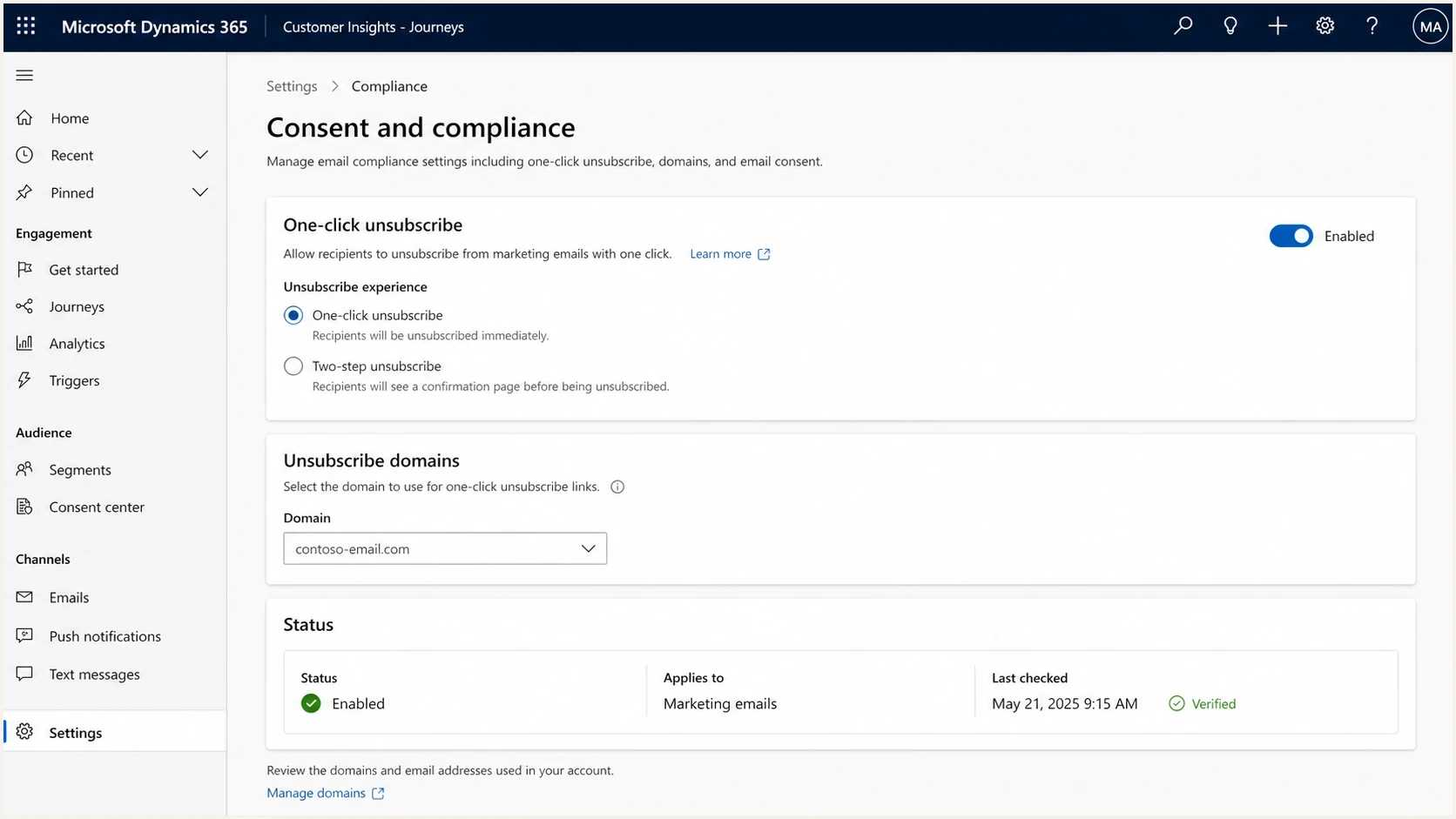 Microsoft Dynamics 365 Customer Insights - Journeys one click unsubscribe settings screen.