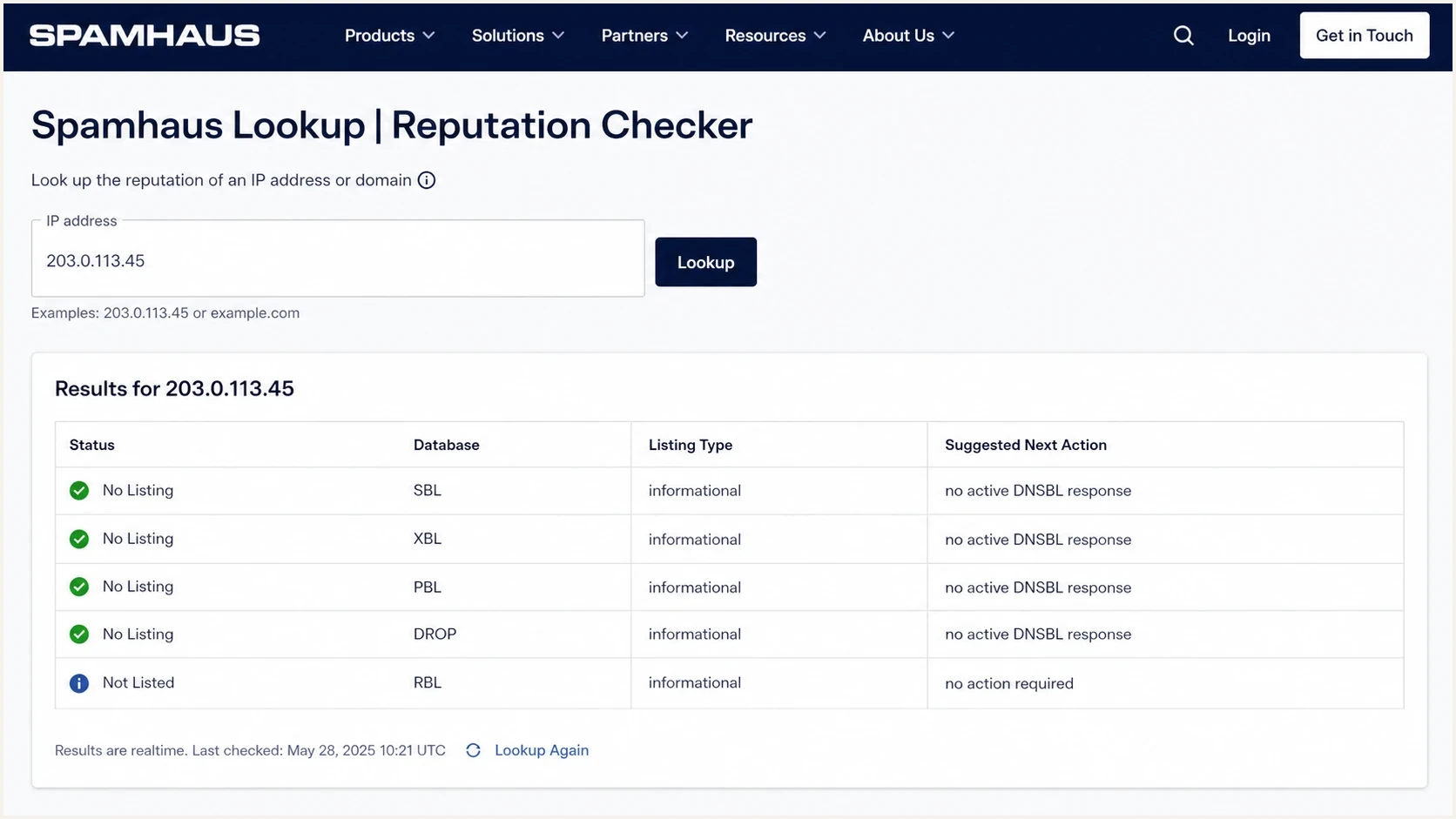 Spamhaus IP and Domain Reputation Checker showing an IP address lookup and listing details.
