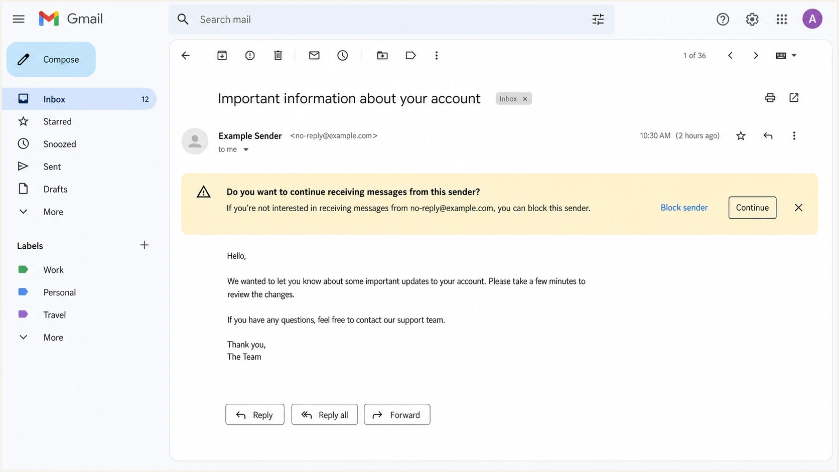 Gmail desktop message view showing the redundant continue receiving sender banner.