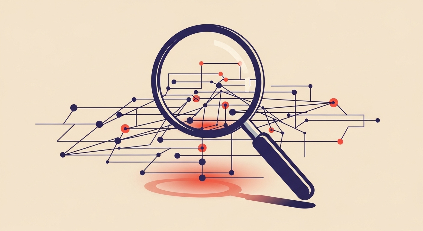 Stylized illustration of a magnifying glass inspecting email authentication flow.