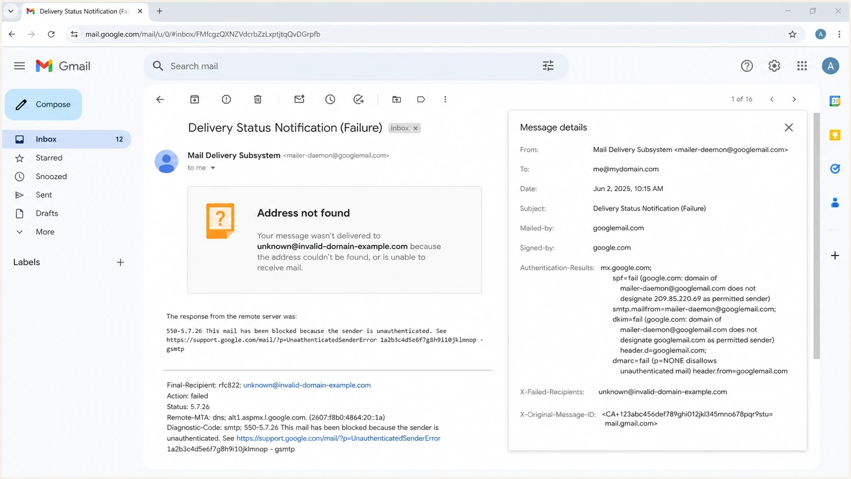 Gmail 550-5.7.26 bounce details with MXroute forwarding and DMARC failure signals.