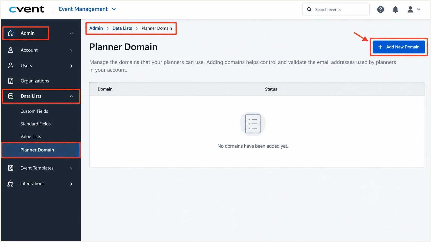 Illustrated Cvent navigation to Admin > Data Lists > Planner Domain and Add New Domain.