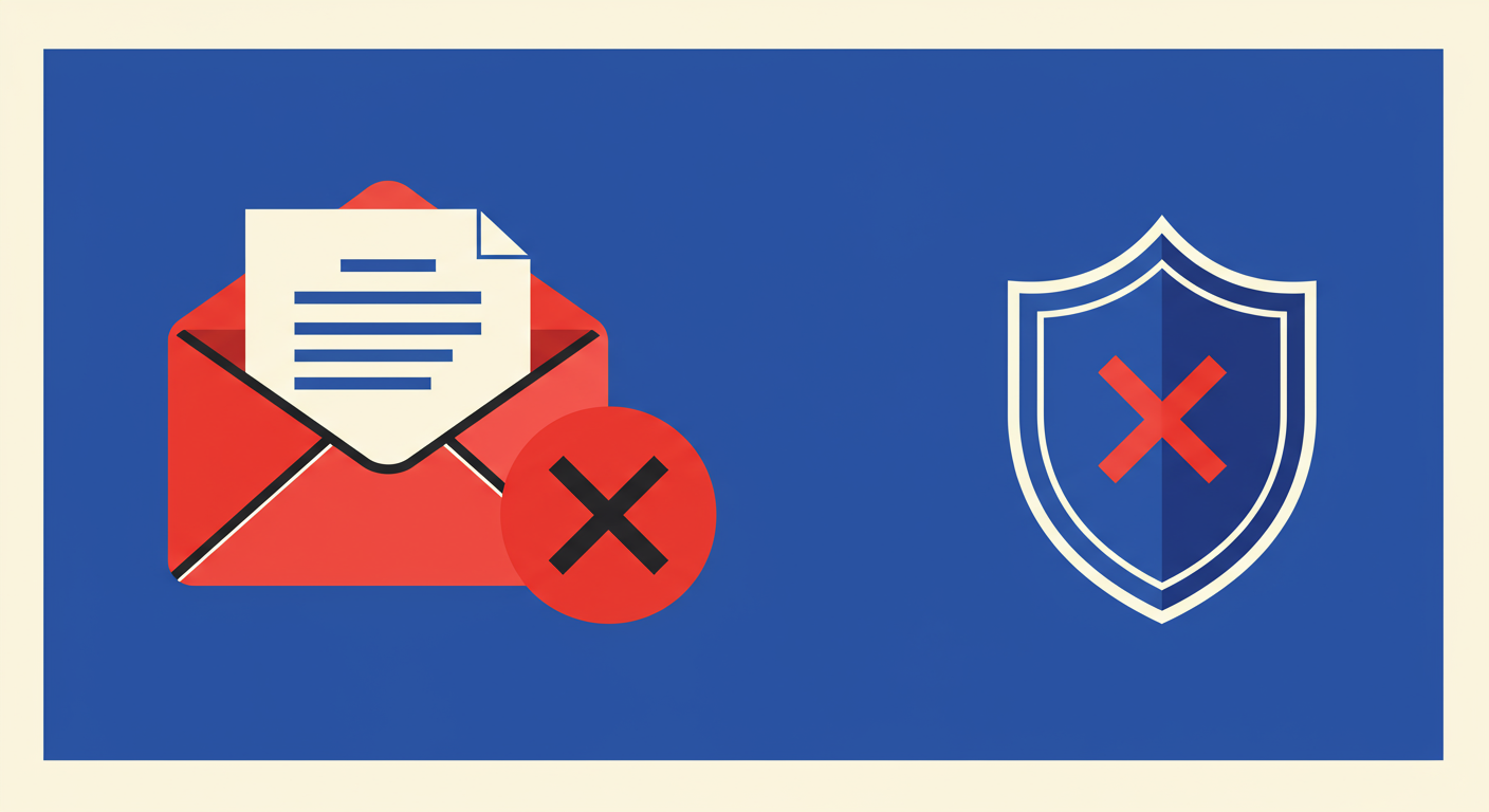A minimalist illustration of an email being blocked by a security shield, representing an SPF failure.