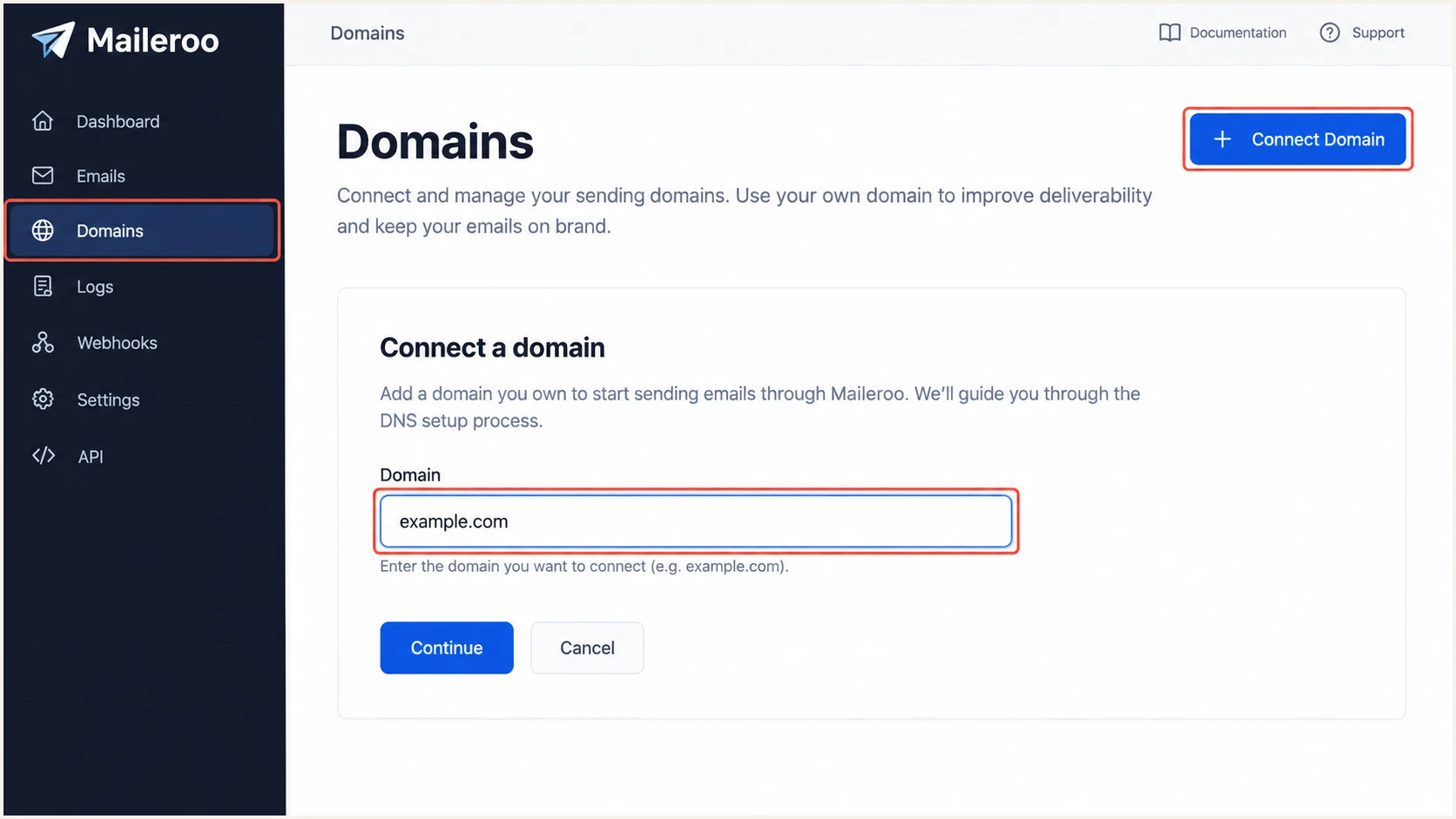 Maileroo's Connect Domain workflow (illustrative screenshot).
