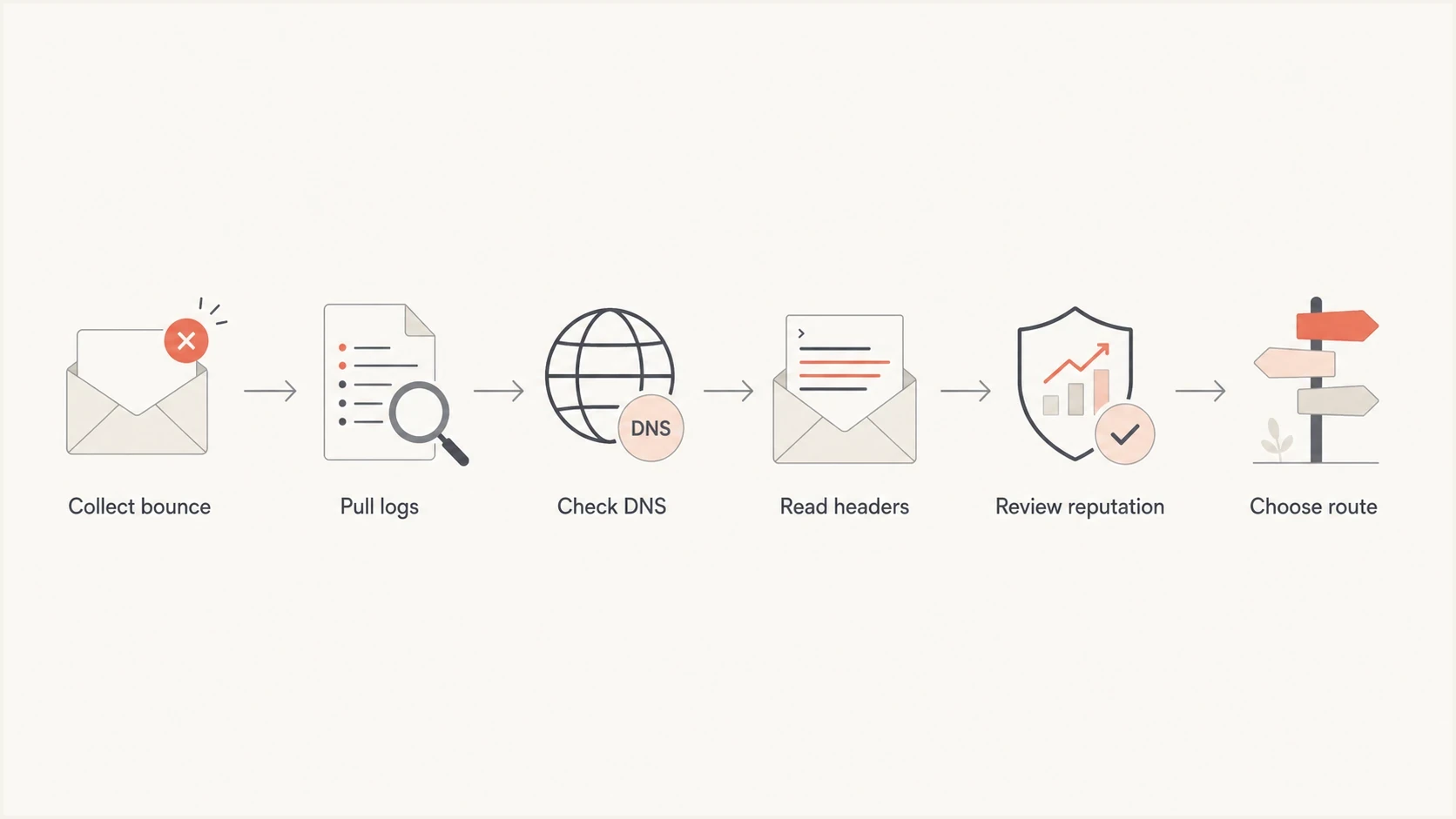 Flowchart for diagnosing Salesforce email refusals from bounce to route decision.