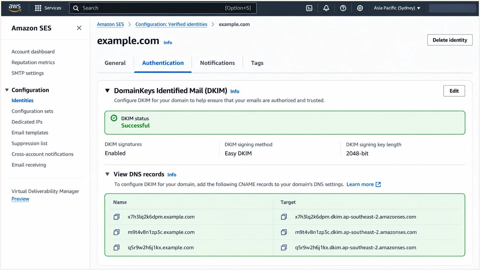 Illustrative SES DKIM status and three identity-specific CNAME records.