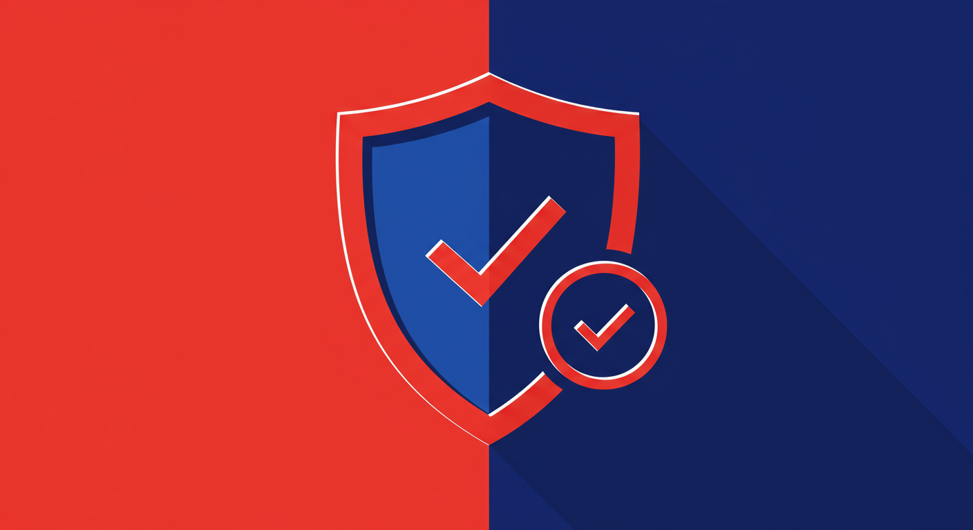 A minimalist illustration of a shield with a checkmark in the center, symbolizing verification and trust. The style of the images should be A minimalist retro illustration in the style of Malika Favre. Dominant colors are bright poppy red and deep royal blue. Vector art, high contrast. Do not put any words in the image or alphanumeric characters.