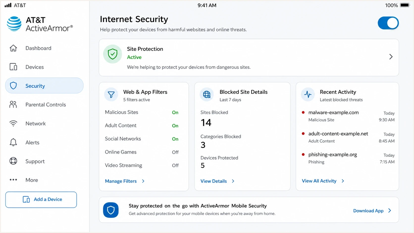 AT&T ActiveArmor settings screen showing web filtering and blocked activity.