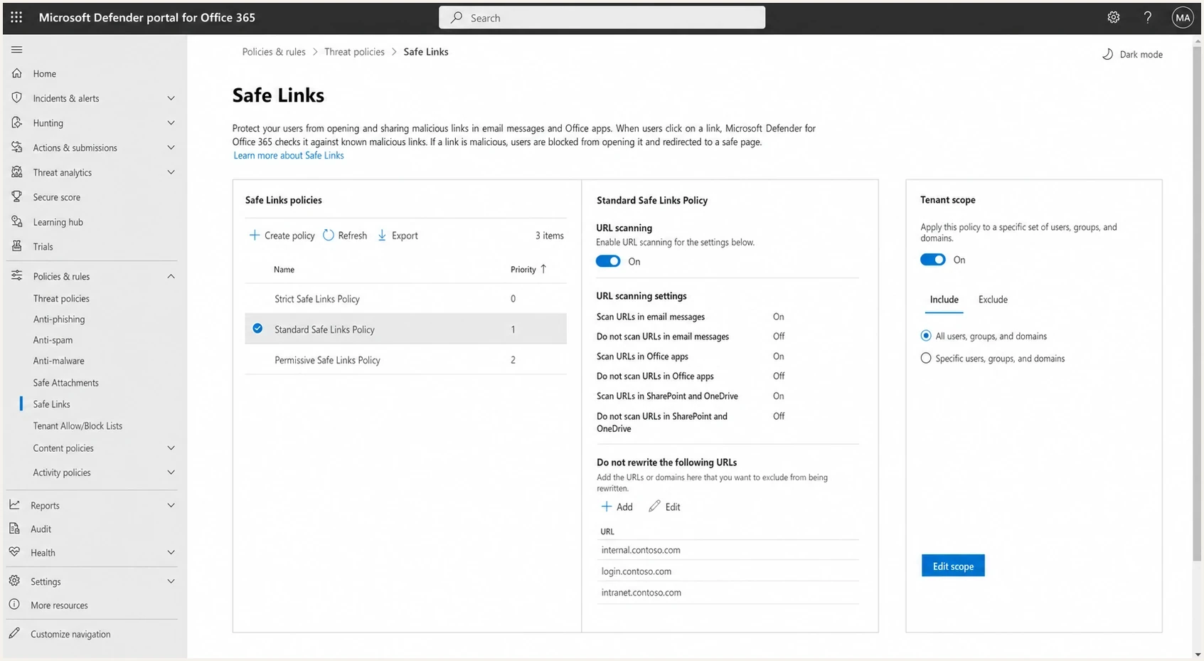 Microsoft Defender portal Safe Links policy settings