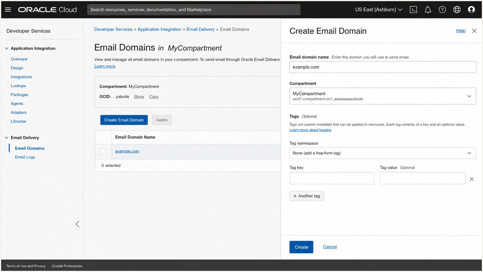 Creating an email domain in Oracle Email Delivery