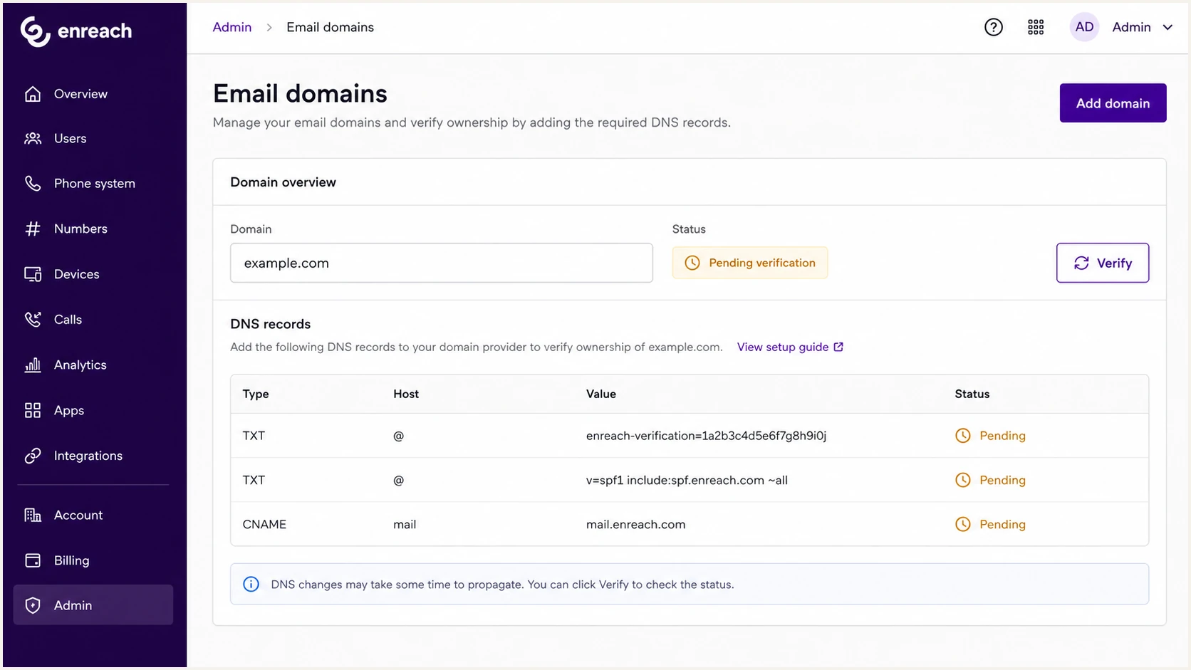 Enreach email domain settings with DNS verification records.