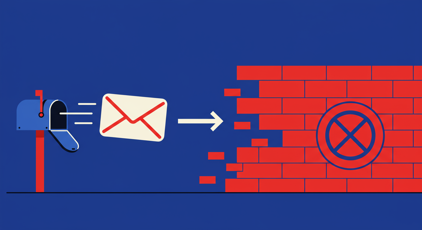 An email is stopped by a large red brick wall with a block symbol on it, preventing it from reaching a mailbox on the other side. The style of the images should be A minimalist retro illustration in the style of Malika Favre. Dominant colors are bright poppy red and deep royal blue. Vector art, high contrast. Do not put any words in the image or alphanumeric characters. 