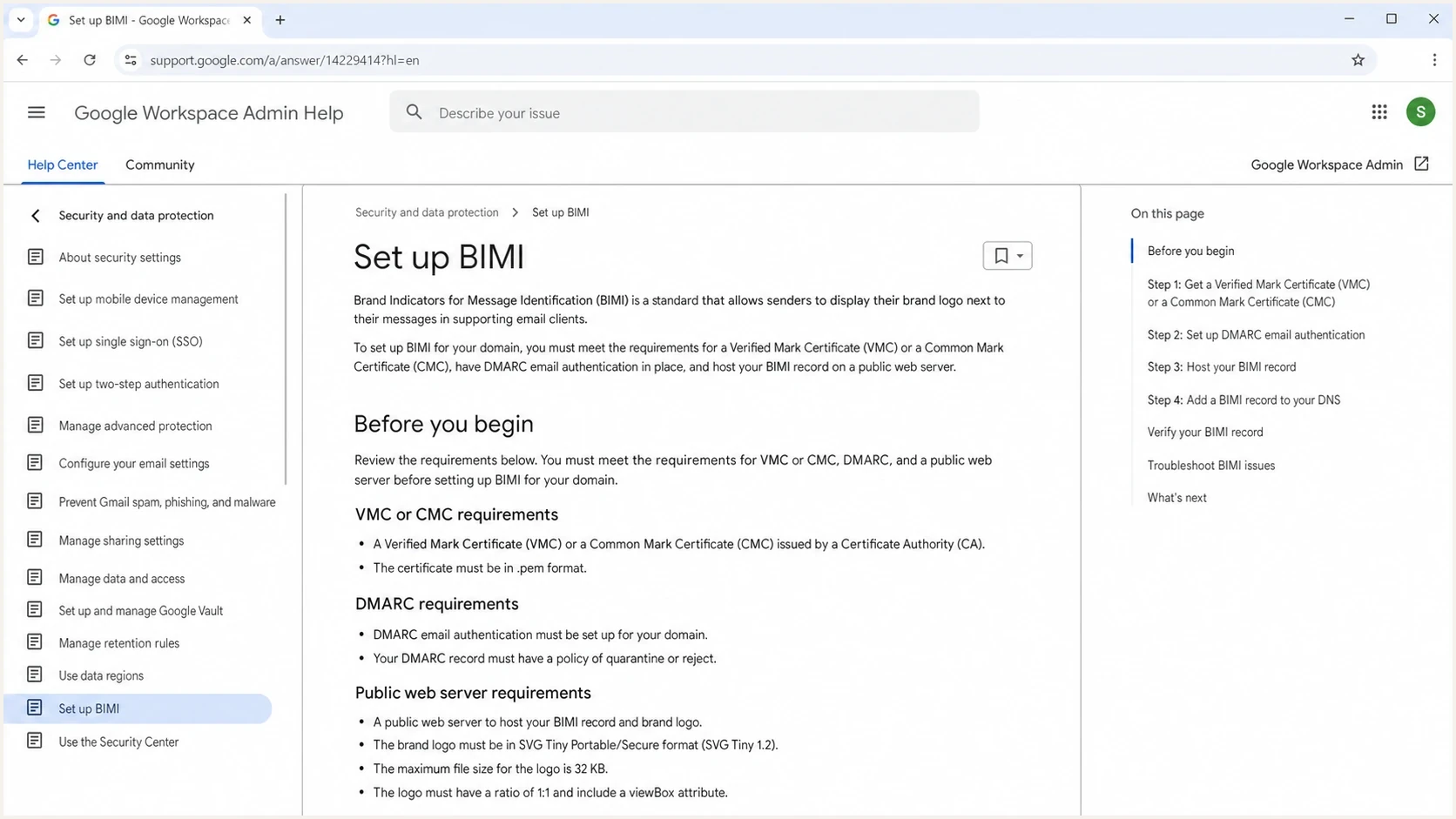 Google Workspace Help page showing BIMI setup requirements including VMC or CMC.