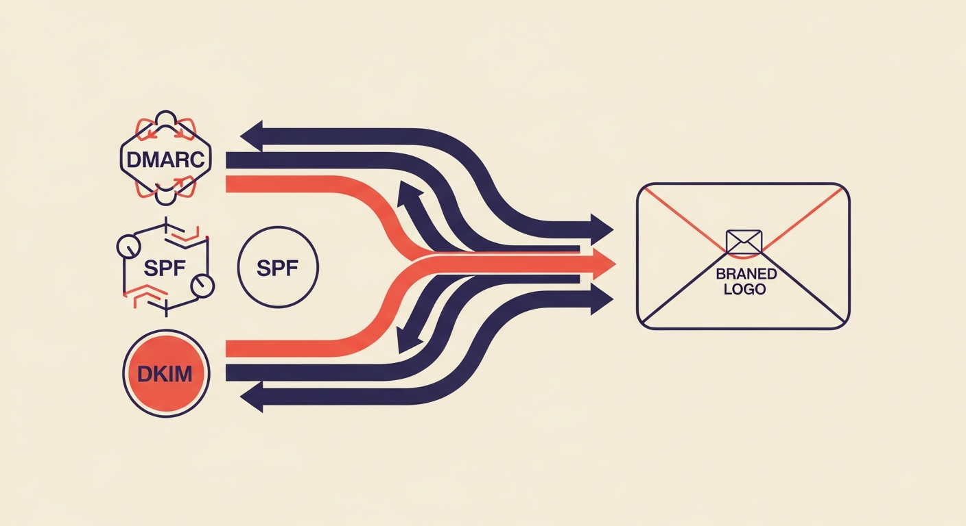 An illustration showing the email authentication flow with DMARC, SPF, DKIM, and BIMI leading to a verified logo.
