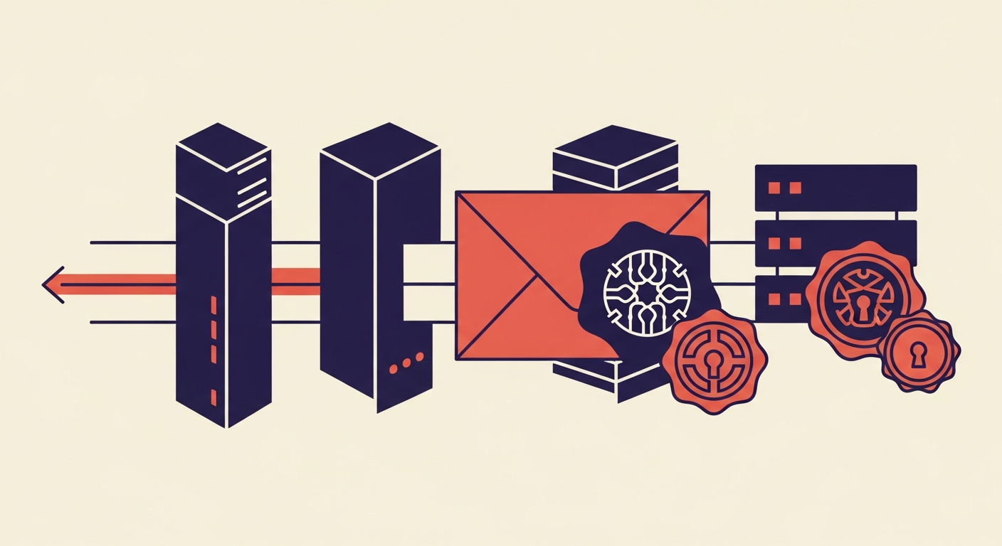 An illustration depicting an email being securely forwarded through multiple servers, each adding a cryptographic seal.
