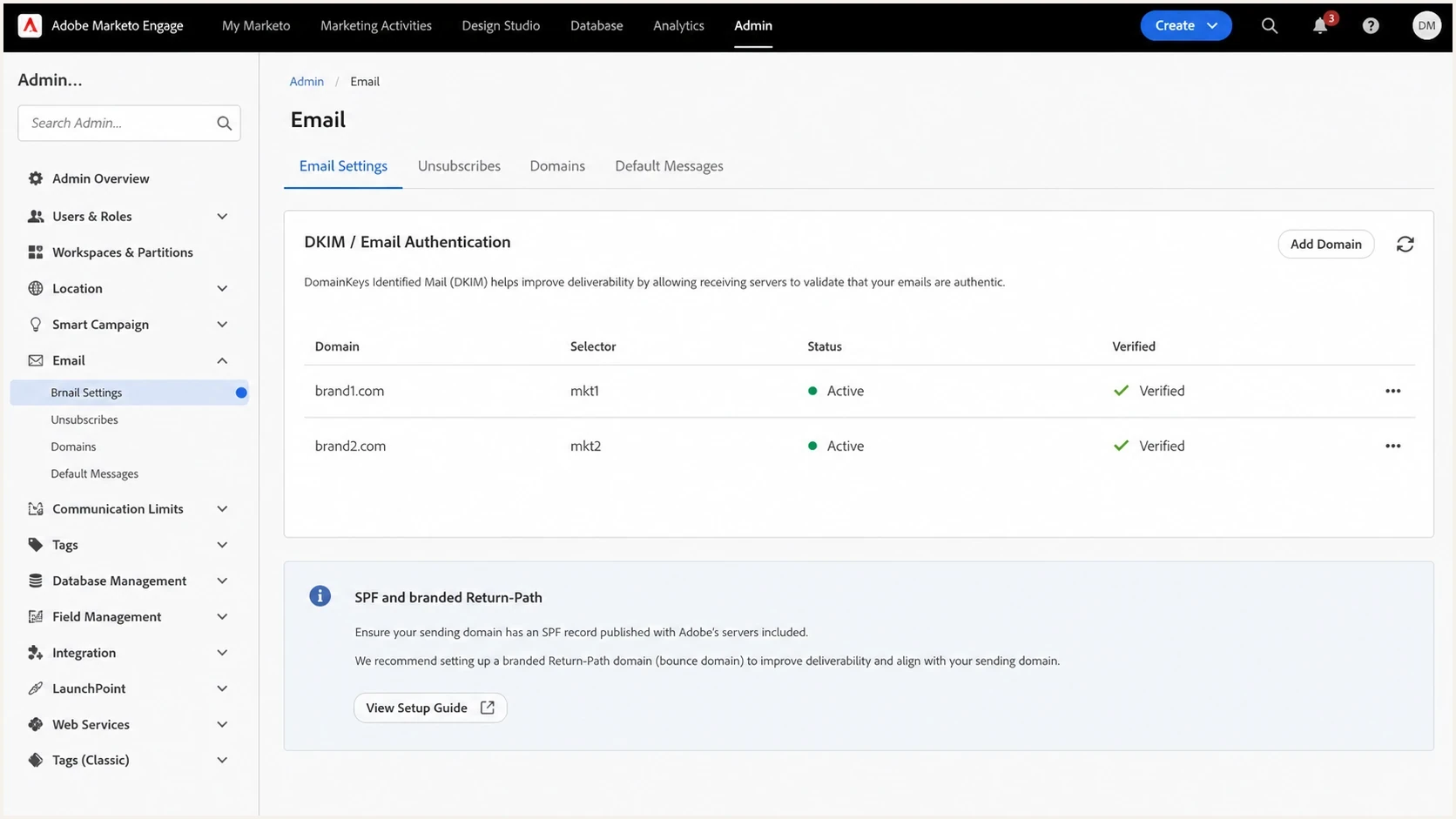 Adobe Marketo Engage email authentication settings with two sending domains configured.