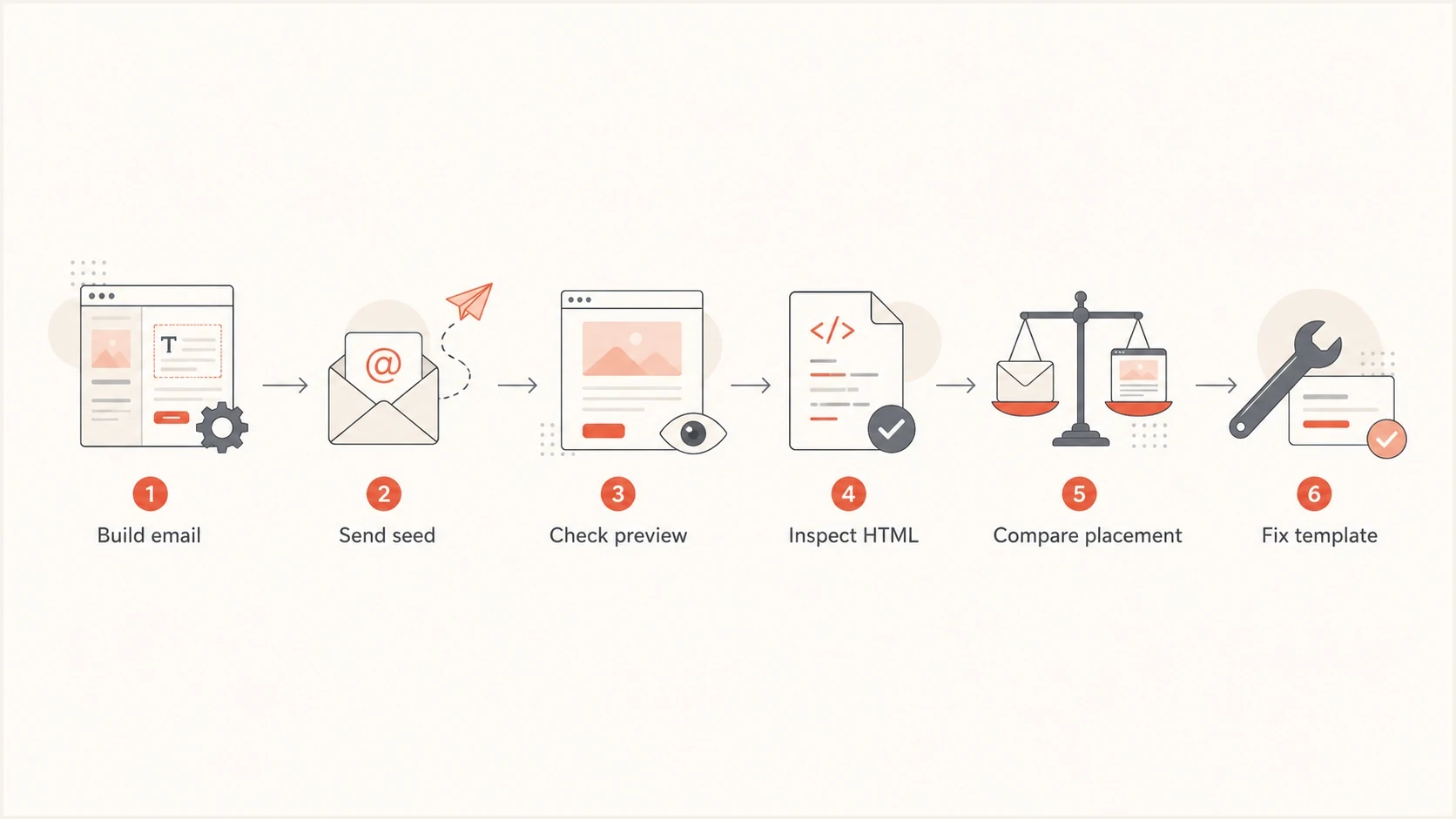 Flowchart showing email template QA from build to preview checks and fixes.