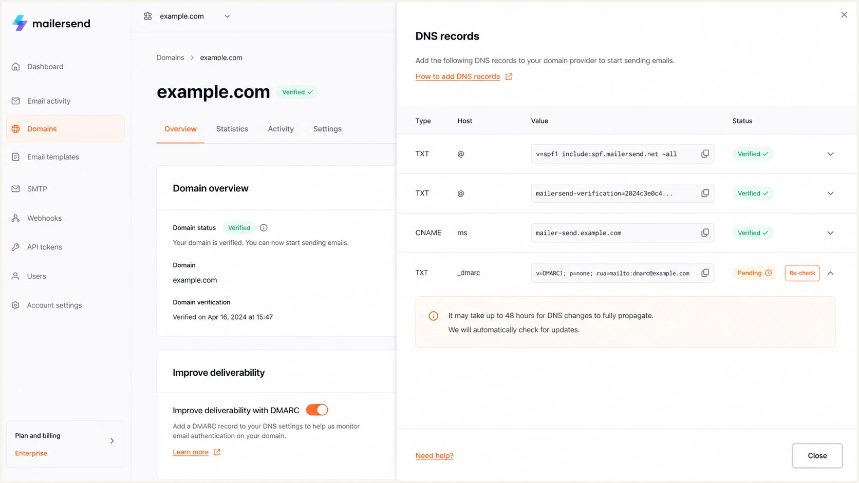 MailerSend domain page showing a DMARC record
