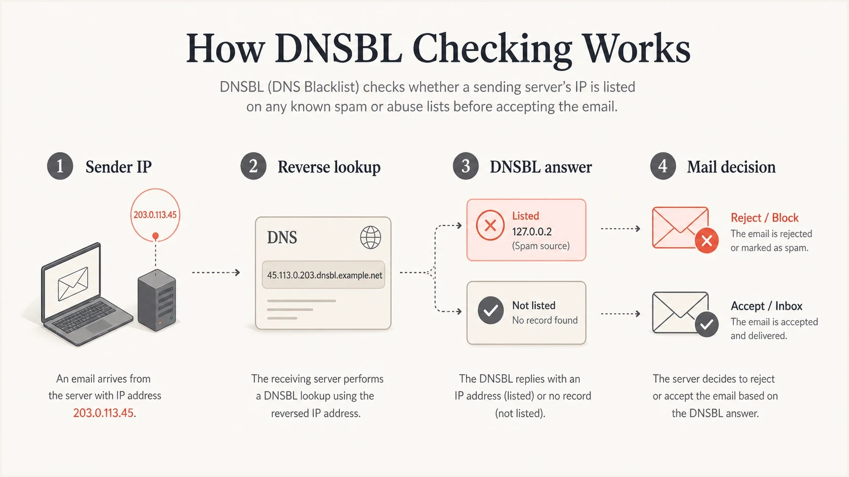 Four-step DNSBL check from a reversed sender IP to a mail server decision.