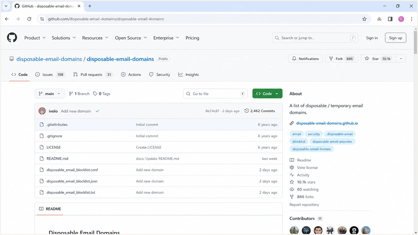 GitHub repository page showing a disposable email domain blocklist file.