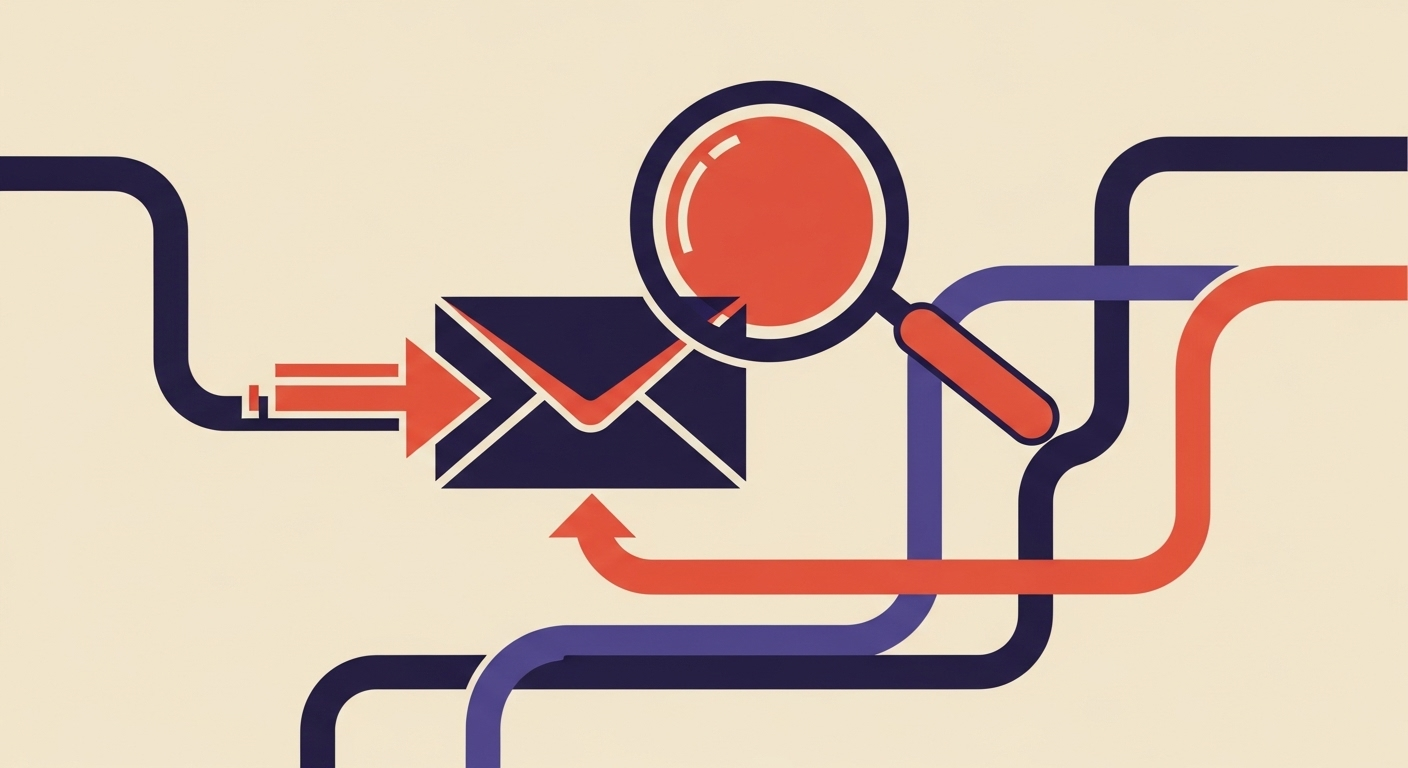 An illustration depicting an email being sent and its path being inspected, symbolizing the SPF ptr mechanism checking