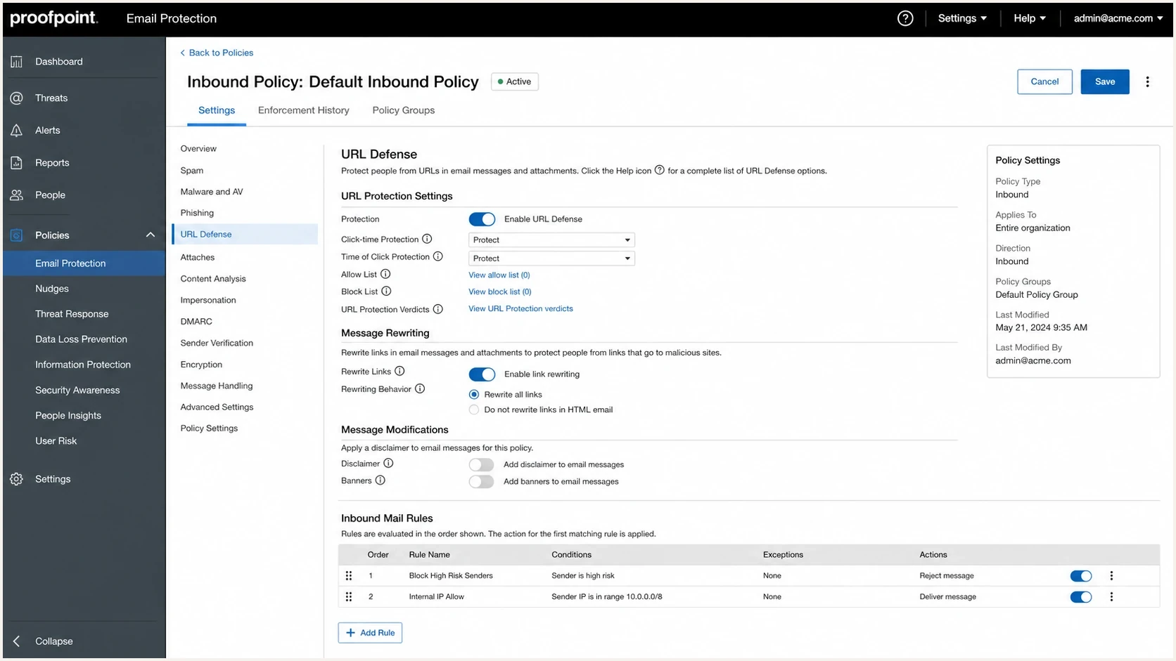 Proofpoint Email Protection settings showing URL rewriting controls.