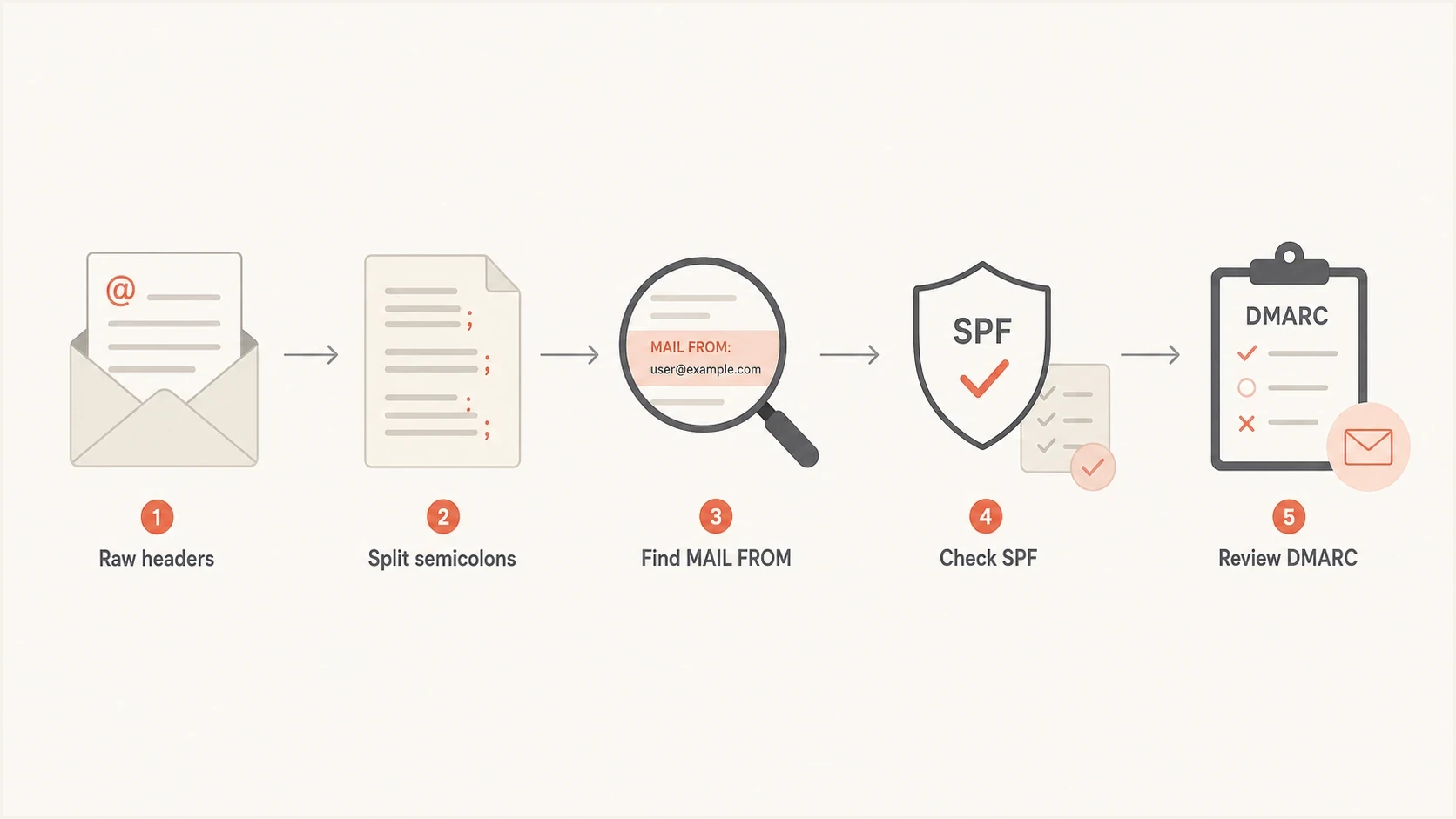 A five-step flowchart for parsing an email authentication header.