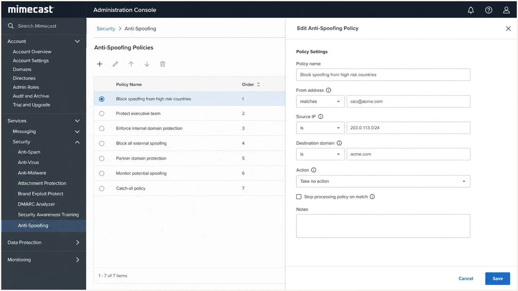Mimecast Administration Console Anti-Spoofing bypass policy fields.