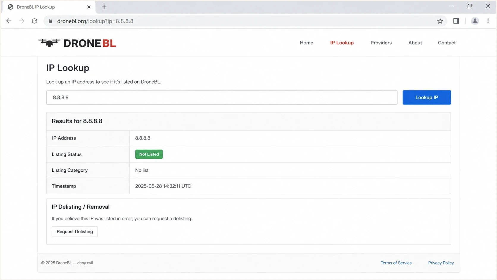 DroneBL IP Lookup page showing a listed IP and delisting area.