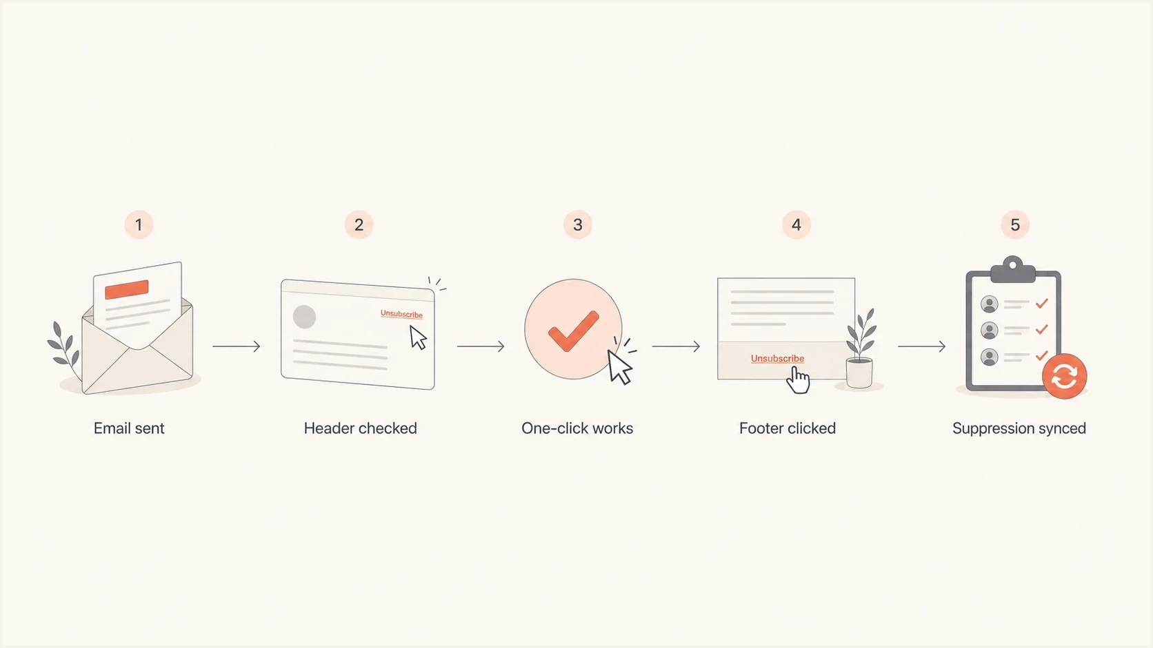 Flowchart showing email send, header check, one-click unsubscribe, footer click, and suppression sync.
