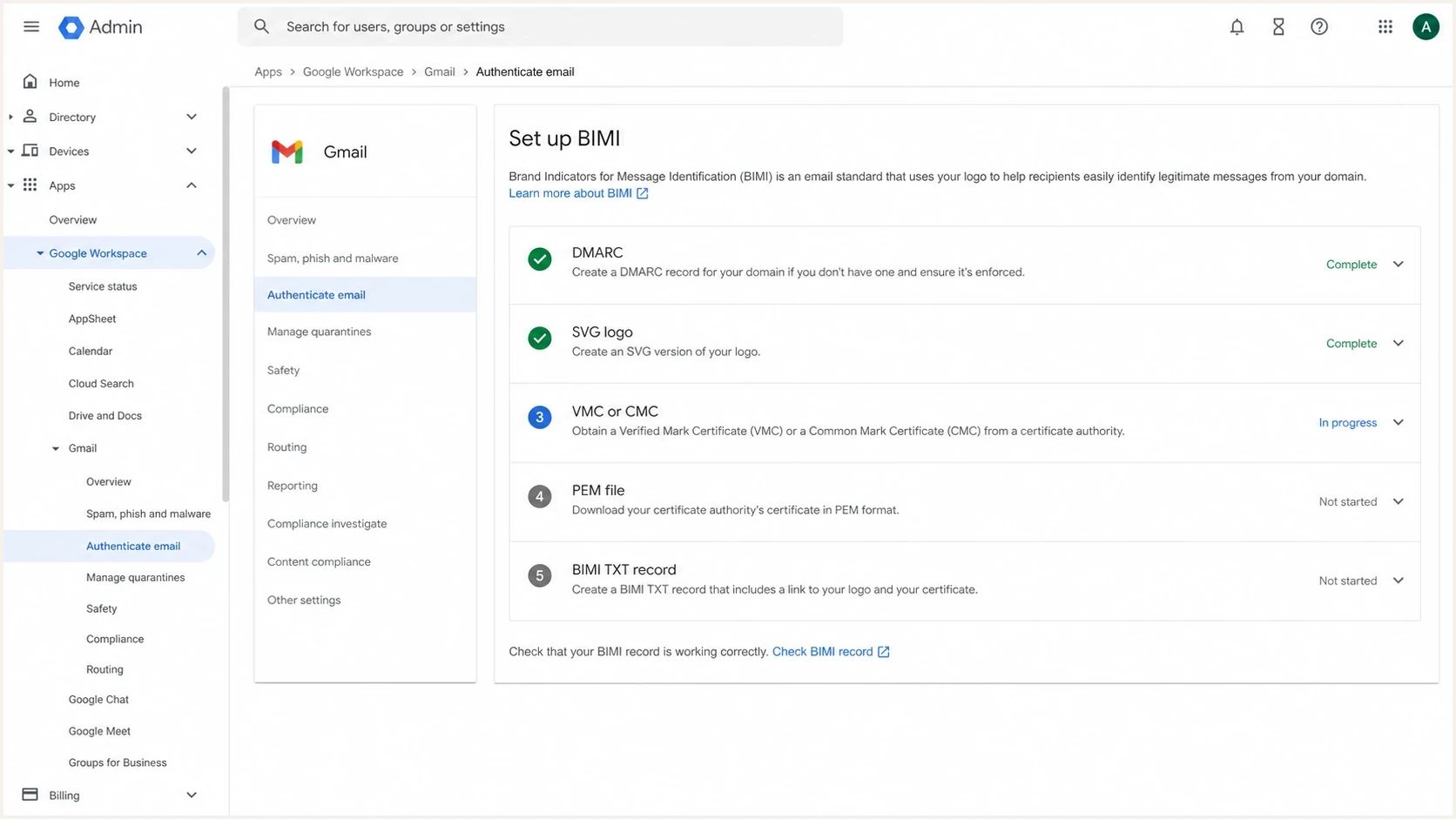 Google Workspace Admin Console BIMI setup screen with VMC and CMC checklist items.