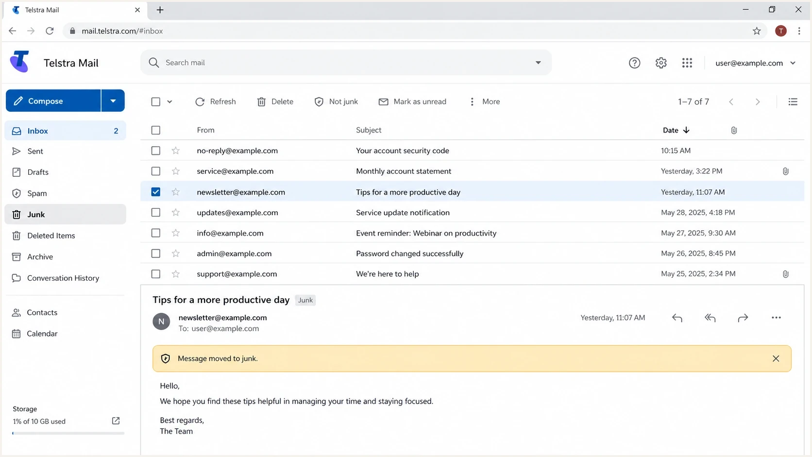 Telstra Mail webmail screenshot showing a message filtering view.