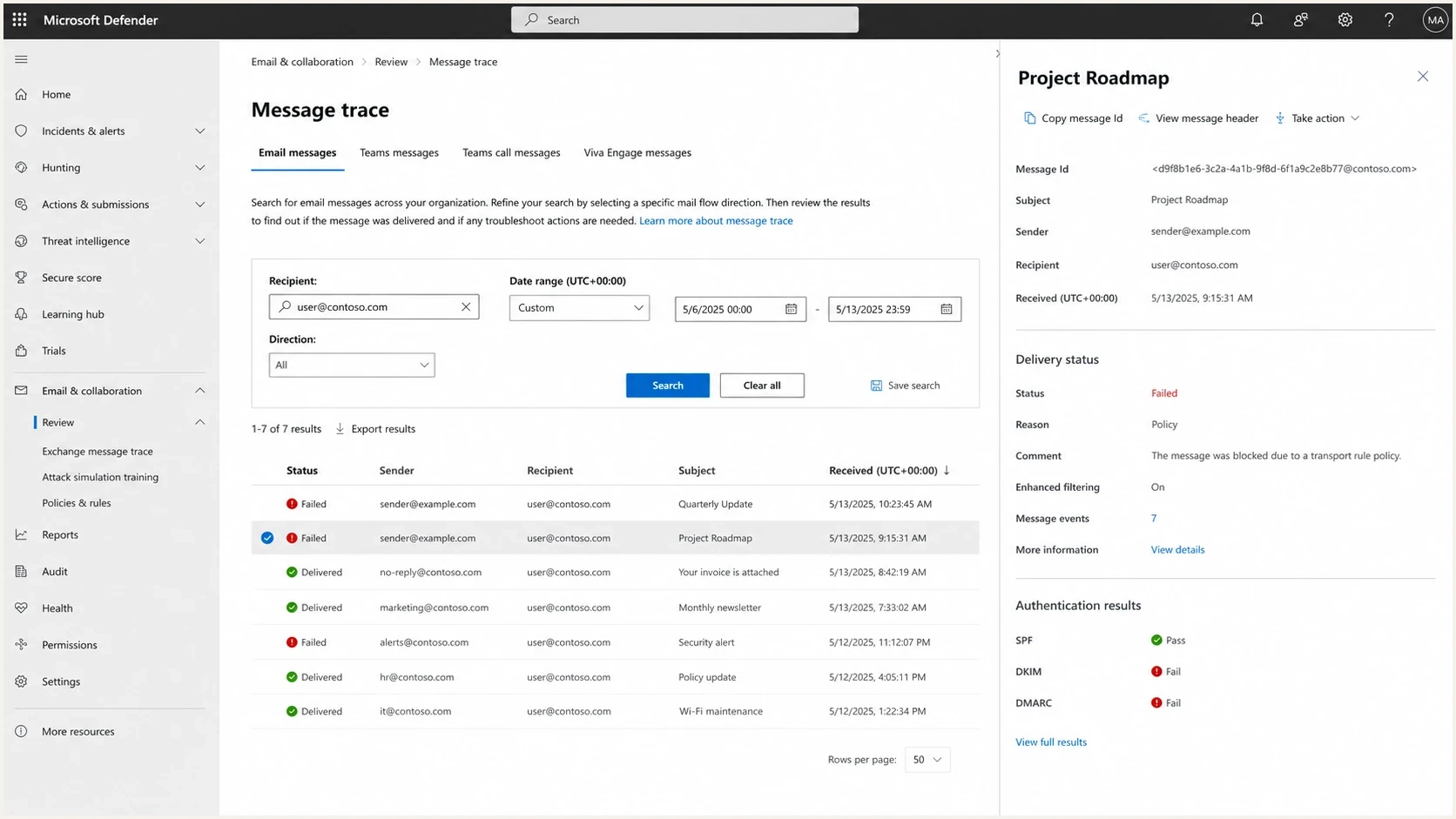 Microsoft Defender portal message trace screen for checking delivery failures