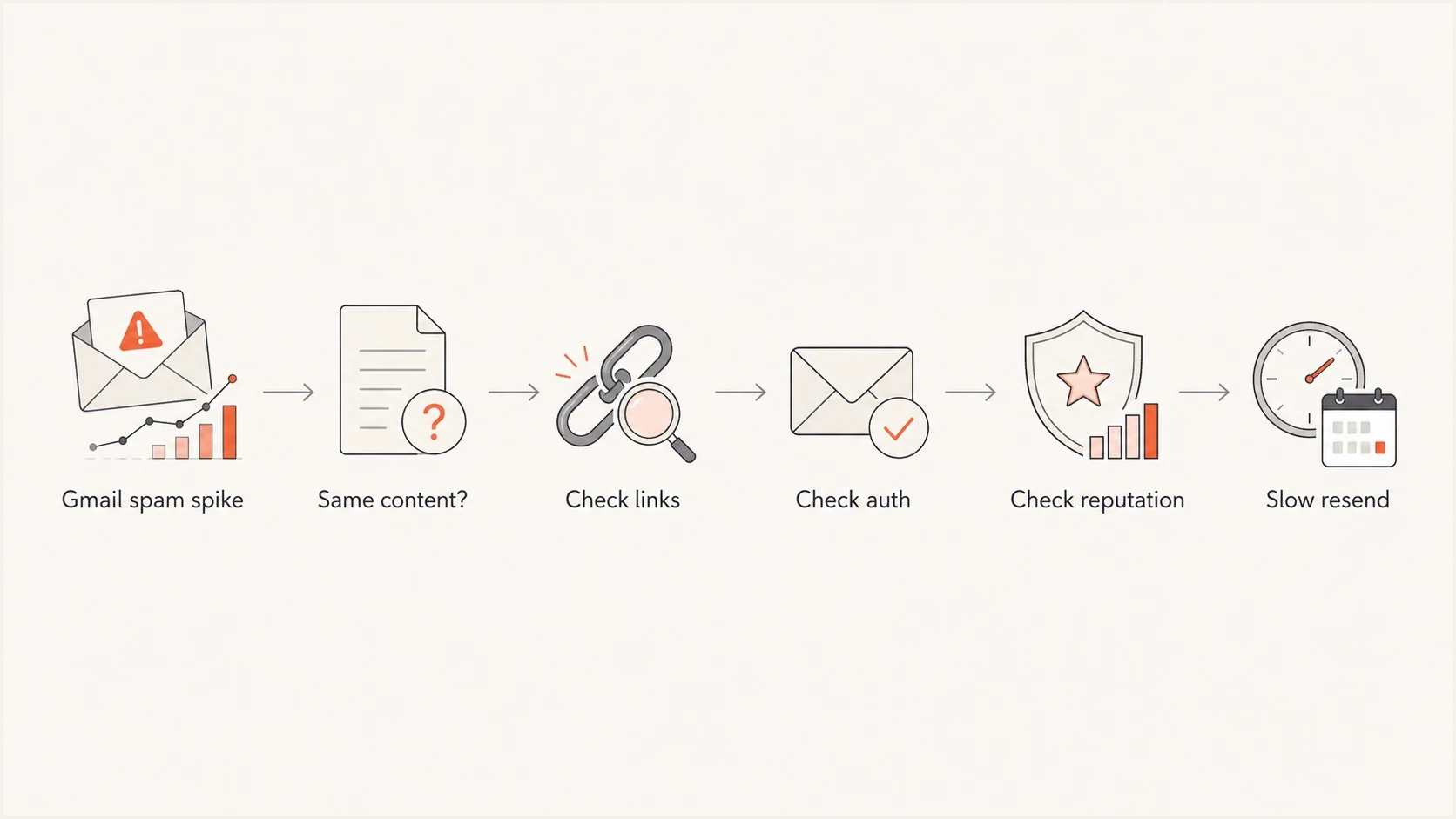 Flowchart for diagnosing a sudden Gmail spam placement spike by checking links, authentication, reputation, and resend timing.