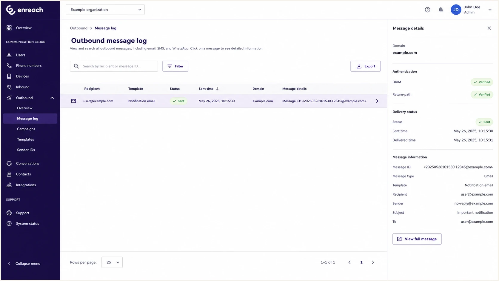 Enreach outbound message log for checking a live authenticated email.