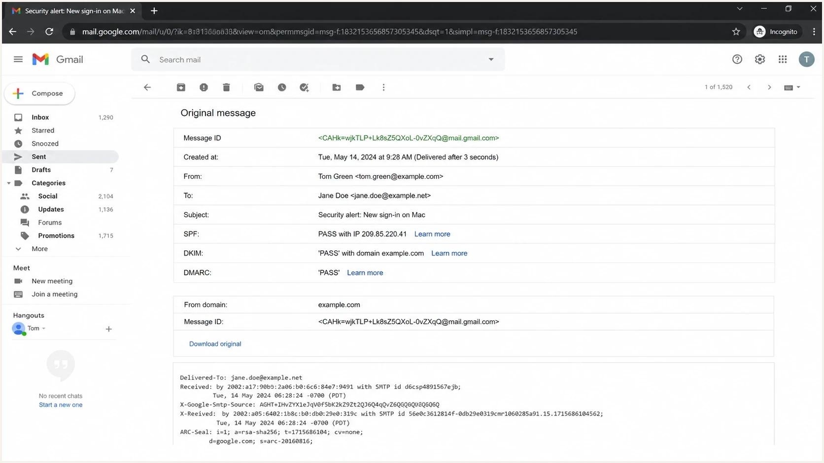 Gmail message details showing SPF, DKIM, and DMARC pass results.