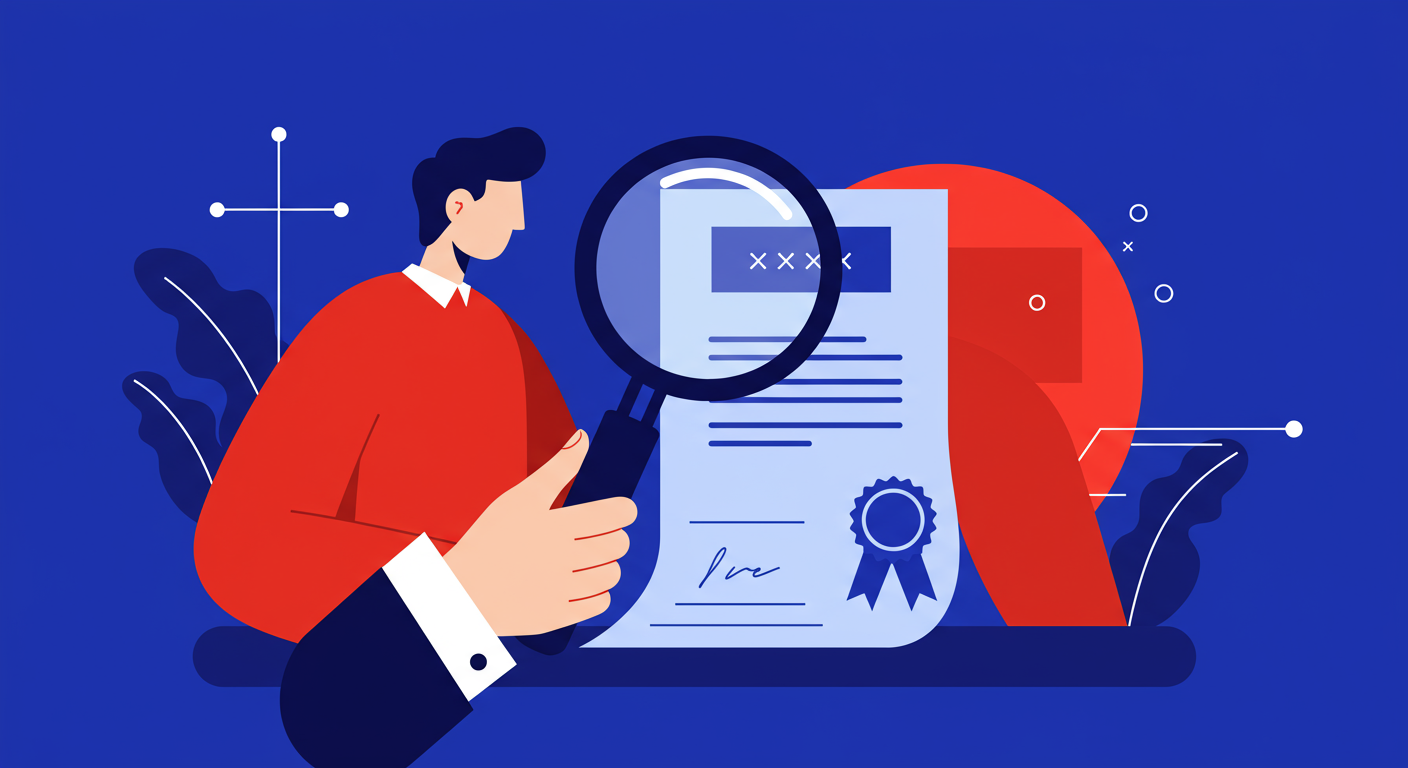 A minimalist retro illustration of a person holding a magnifying glass to inspect a digital certificate. The style of the images should be A minimalist retro illustration in the style of Malika Favre. Dominant colors are bright poppy red and deep royal blue. Vector art, high contrast. Do not put any words in the image or alphanumeric characters.